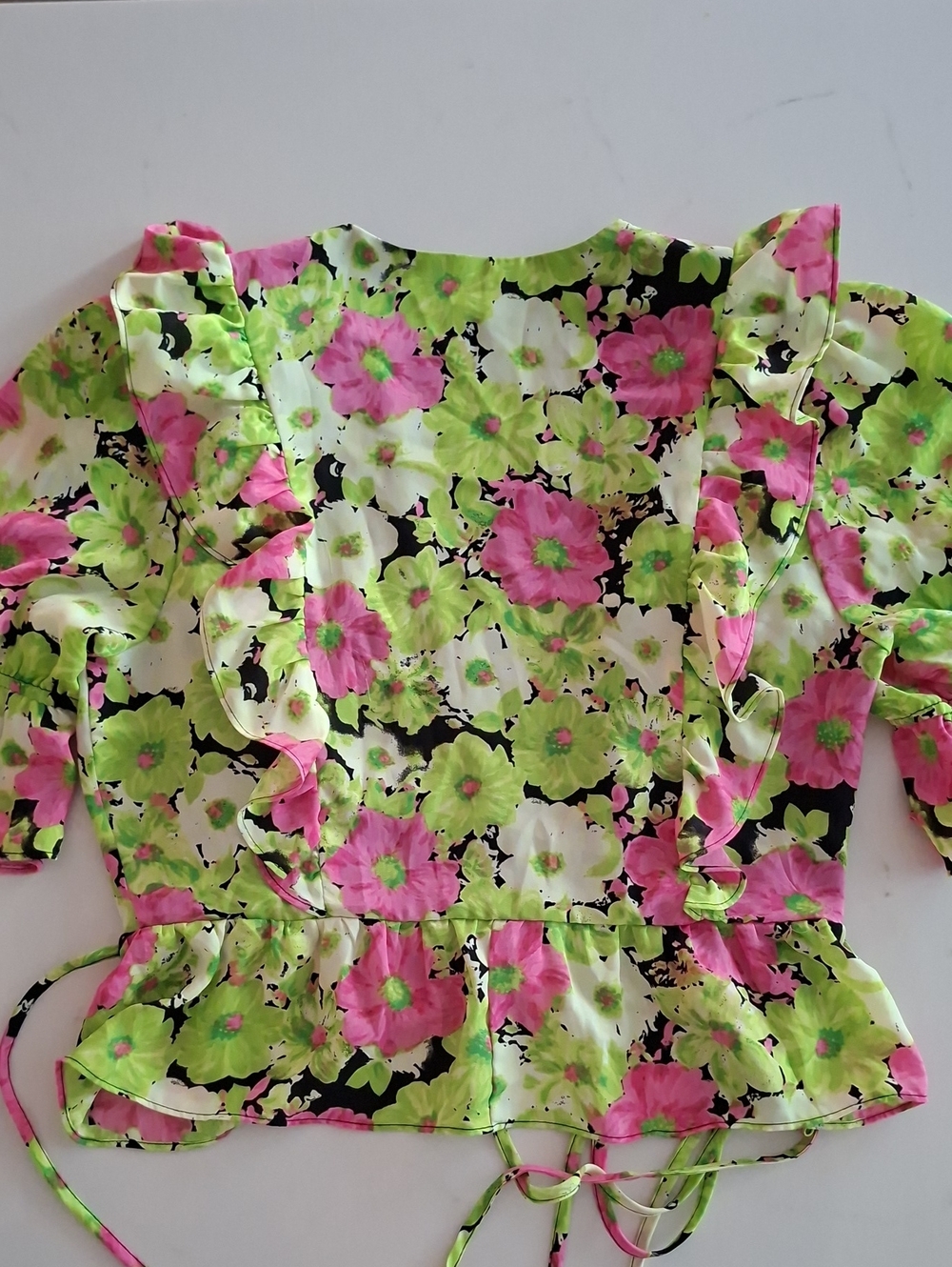 WAYF Pink, Black & Lime Green Vibrant Floral Ruffle Peplum Wrap Top (Size L) - Picture 6 of 8
